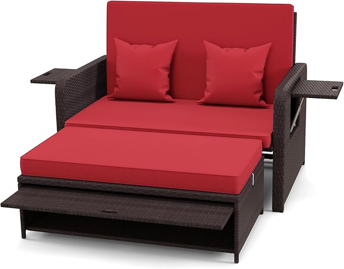LDAILY Moccha Outdoor Daybed, Wicker Loveseat Sofa Set with 4-Postion Adjustable Backrest, Storage Ottoman, Cushions, Rattan Double Bed Lounger, Patio Furniture Set (Red)