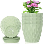 6 inch Plant Pots, 5 Set Water Ripples Flower Pots for Indoor Outdoor Plants, Plastic Planters with Drainage Holes and Saucers, Nursery Pots for Small Succulent Garden House Plants, Green