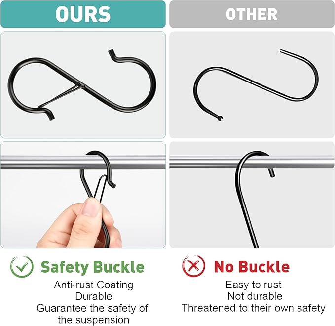 Navona 20 Pcs S Hooks for Hanging Heavy Duty, 3.5-inch Heavy Duty Metal S Hook with Safety Buckle, Suitable for 0.5 inch Rods, S Hook for Hanging Plants, Closet, Kitchen Utensil, Pot, Pan, Bags