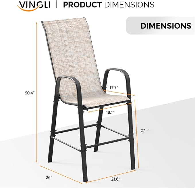 VINGLI Set of 4 Stackable Outdoor Bar Stools – Sling Chairs with High Back & Armrests, for Lawn, Garden, Bar, Yellow