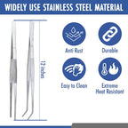 2 Pcs Straight and Curved Tip Tweezers 12 Inch, Stainless Steel Precision Tweezers Set with Serrated Tips Comfortable Ridged Handle, Tweezer Tongs for Cooking Repairing with Essential Tweezer Ebook | Stainless Steel Food Tweezers Set, Professional