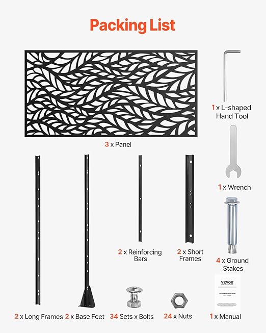 VEVOR Metal Privacy Screen, 47" W x 72" H, Outdoor Privacy Screens & Panels, Freestanding Outdoor Divider with Stand, 3-Panel Decorative Garden Steel Privacy Fence for Balcony Patio Indoor Room Black
