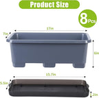 Window Box Planter 8 Pcs, 17 Inches Rectangle Flower Pots with Drainage Holes and Trays, Vegetable Planters for Windowsill Patio Garden Balcony Home Porch Yard Indoor Outdoor (Grey)