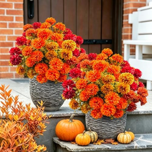 artificial mums topiary ball, fake mums bushes fall shown in use