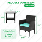 FDW 3 Piece Outdoor Furniture Set Patio Wicker Chairs Furniture Bistro Conversation Set 2 Rattan Chairs with Blue Cushions and Glass Coffee Table for Porch Lawn Garden Balcony Backyard