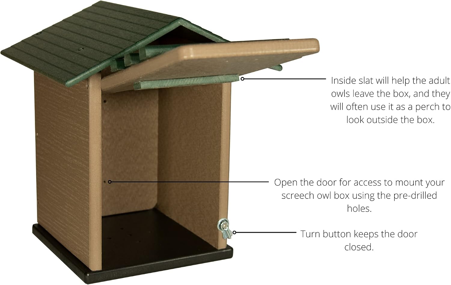 Poly Screech Owl Nesting Box, Saw-Whet and Kestrel Owl House, Green and Tan