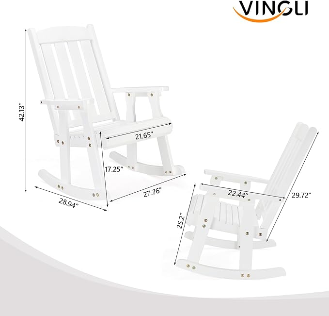 VINGLI Outdoor Rocking Chair Set of 2, Heavy Duty 600 LBS Wooden Rocking Chair with Comfortable Backrest, Weatherproof Rocker with Ergonomic Design, Suit for Patio, Garden, Yard, White