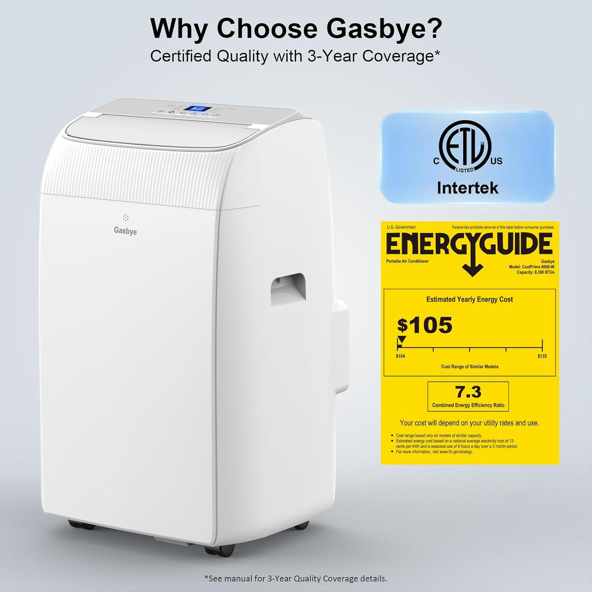 gasbye dual hose portable air conditioners, 12,000 btu, side view