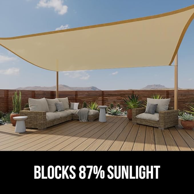 GORILLA GRIP Heavy Duty Sun Shade, UV Protection Fade Tear and Rust Resistant Rectangle Sunshade Canopy, Curved Edges Blocks Sunlight, Breathable Sail, Outdoor Patio, Lawn Garden 10x13 FT Sand