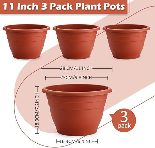 3 Pack 11 Inch Plant Pots with Drainage,Terracotta Plastic Planters for Indoor Outdoor Plants,Hanging Flower Pots for Patio,Garden,Balcony (Pottery Red)