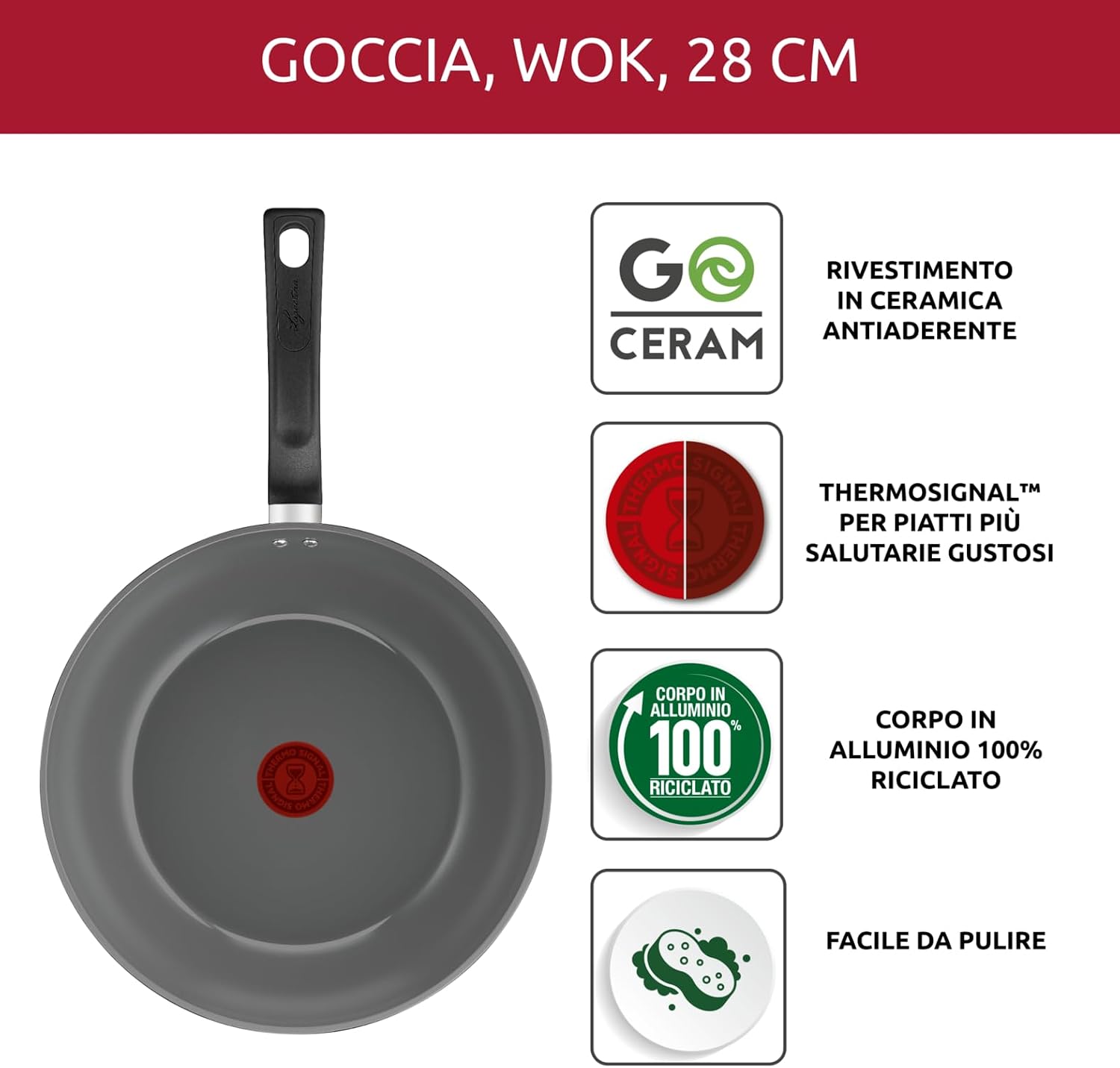 Lagostina Wok Drop 28 cm, Non-Stick Ceramic Coating, Optimal Smoothness, Easy Cleaning, Eco-Friendly, Thermo-Signal, Safe, Induction Compatible