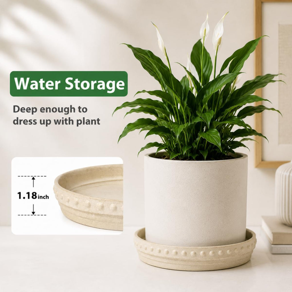 Plant Saucers, Plant Trays to Catch Water, 2 Pcs 8" Ceramic Saucer | Flower Pot Saucers fit pots up to 7", hand-painted antique beige ceramic, catches excess water to protect floors