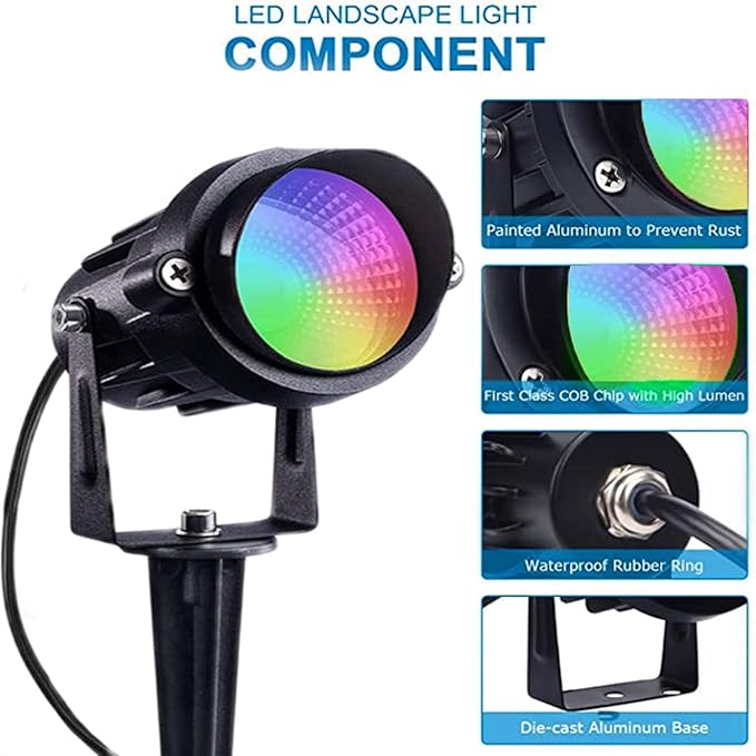Color Changing Spotlight with Timer, 12W RGB Color Changing Spot Lights, LED IP65 Landscape Waterproof Outdoor Lights, Metal Case Spiked Stand for Garden Houses Trees Decorative(2 Pack)