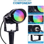 Color Changing Spotlight with Timer, 12W RGB Color Changing Spot Lights, LED IP65 Landscape Waterproof Outdoor Lights, Metal Case Spiked Stand for Garden Houses Trees Decorative(2 Pack)