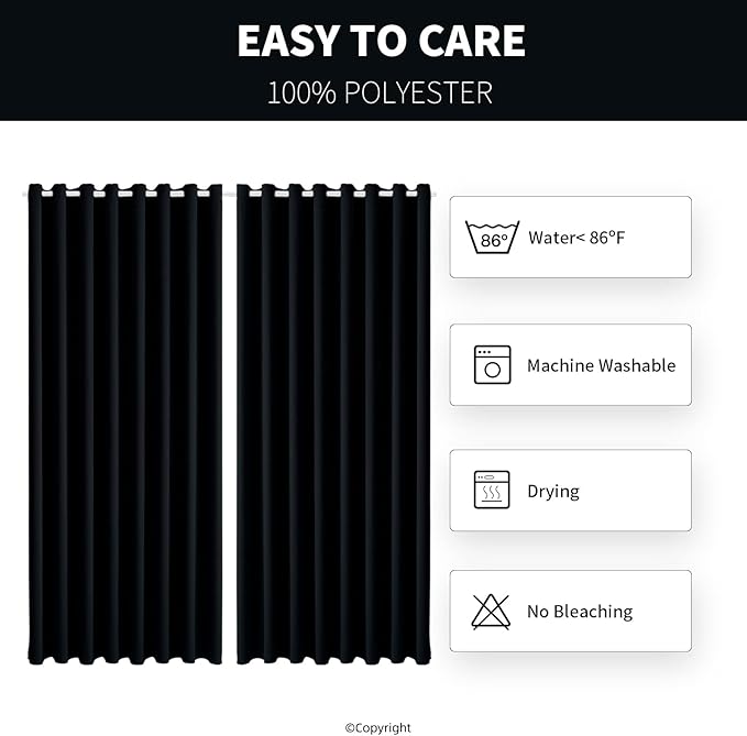 Outdoor Patio Curtain Waterproof Darkening Thermal Insulated Indoor Curtains for Bedroom, Porch, Living Room, Pergola, Cabana, W105 x L120 Extra Wide Room Divider, Black, Set of 2 Panels