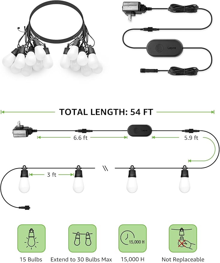 Lepro ZB1 AI Smart Outdoor String Lights APP Control, 100(88+12) ft RGB+IC+Warm White Outdoor Light 30 LED Bulbs, NOT Extendable, Alexa Google Enabled, Music Sync, NO Remote, 2.4 GHz WiFi+Bluetooth