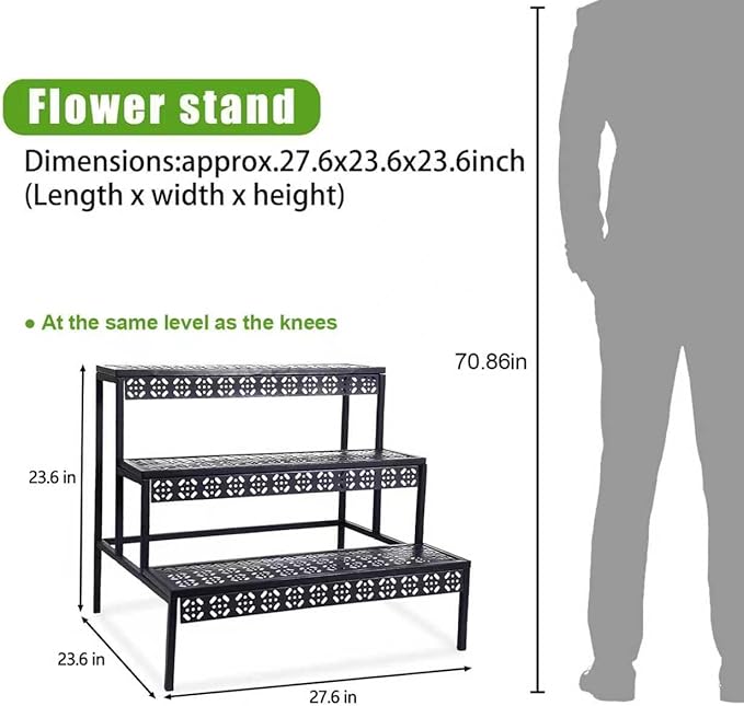 3 Tiers Metal Plant Stand,Rectangular Ladder Flower Pots Outdoor, Indoor Plant Display Rack, Heavy Duty Utility Storage Organizer for Home Garden Patio Balcony, Stair Style