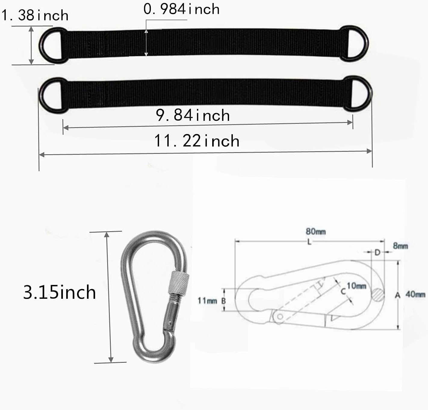Hammock Straps Tree Swing Hanging Kit | 2 Pcs, 9.84 inches, 2 Heavy Duty Hook Clasps, For Swing Hammocks Seat Pulley System Gym Equipment