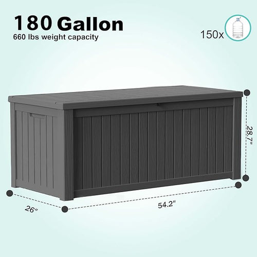 180 Gallon Outdoor Deck Box, Lockable Waterproof Outdoor Storage Boxes For Garden Tools,Indoor Cushions,Accessories Outside Storage Resin Weatherproof Container(Black)