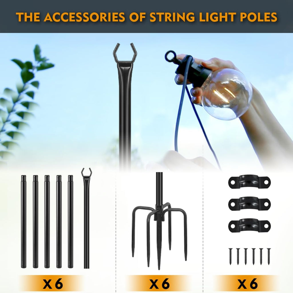 String Light Poles, 10 FT, 6 Pack, Ground & Fence Mount | Heavy-Duty Steel, 5-Prong Stable Base, Powder-Coated Finish, Rust Resistant, Outdoor Lighting & Décor, Patios, Backyards