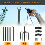String Light Poles, 10 FT, 6 Pack, Ground & Fence Mount | Heavy-Duty Steel, 5-Prong Stable Base, Powder-Coated Finish, Rust Resistant, Outdoor Lighting & Décor, Patios, Backyards