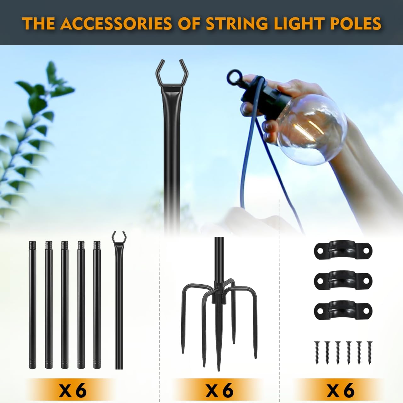 String Light Poles, 10 FT, 6 Pack, Ground & Fence Mount | Heavy-Duty Steel, 5-Prong Stable Base, Powder-Coated Finish, Rust Resistant, Outdoor Lighting & Décor, Patios, Backyards