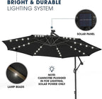 wikiwiki 10ft Solar LED Patio Umbrella with Base Included, Offset Umbrella with Weighted Sandbag Base, Cantilever Patio Umbrellas for Backyard, Garden & Deck, 32 LED Lights & Polyester Shade, Black