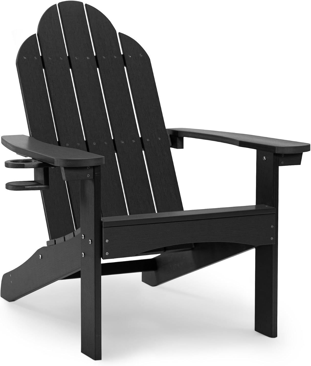LUE BONA HDPS Outdoor Adirondack Chair, Cup Holder, Black | HDPS poly lumber, all-weather resistant, Low maintenance, built-in cup holder, 350 lbs capacity, for patio deck poolside