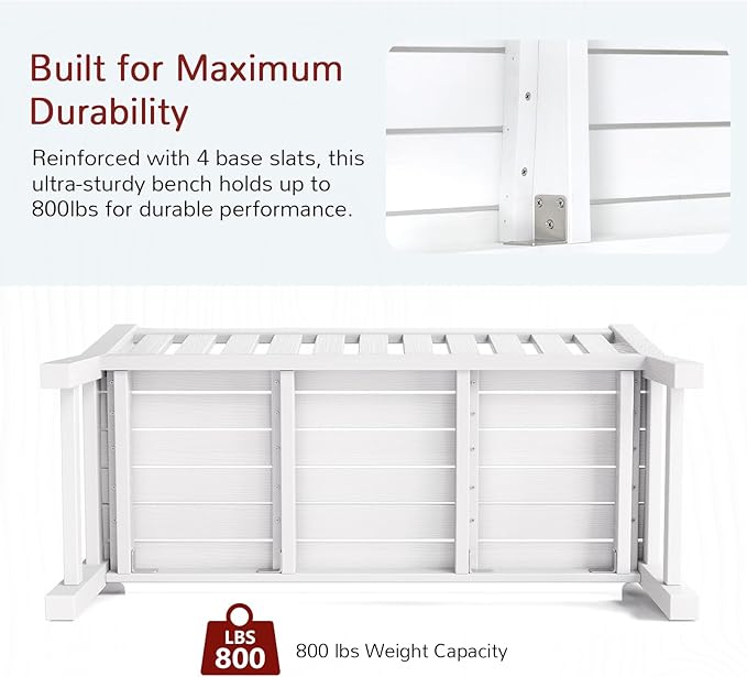 Stoog 2-Person Outdoor Bench, All-Weather HIPS Plastic Garden Bench with 800 lbs Capacity, Never Rot or Fade, Used for Garden, Deck, Backyard and Park, White