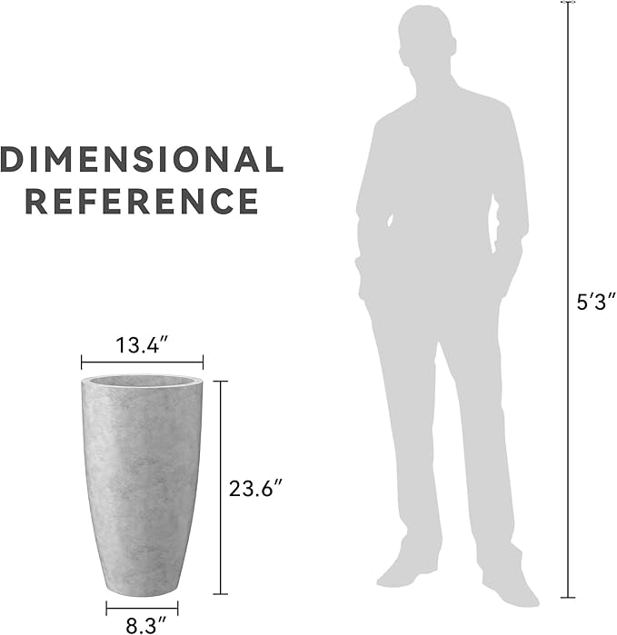 Kante 23.6" H Natural Concrete Finish Concrete Tall Planters Large Outdoor Indoor Decorative Plant Pots with Drainage Hole and Rubber Plug, Modern Tapered Style for Home and Garden