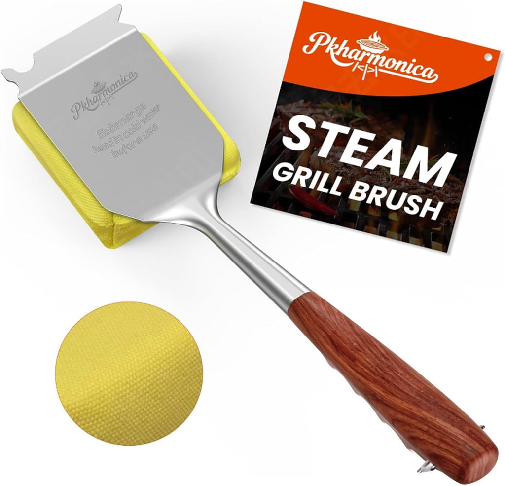 Grill Brush for Outdoor Grill, Bristle Free Grill Brush with Scraper | Safe Steam Grill Cleaner for BBQ&Griddle, Long Rosewood Handle Reaches Corners,for Porcelain,Cast Iron&Stainless Steel Grates