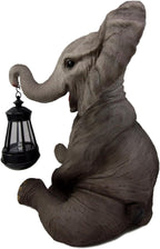 Ebros Safari Savanna Wildlife Animal Melee Adorable Pachy Elephant Statue Home Patio Decor Figurine with Solar LED Light Lantern Lamp 13.75" H Guest Greeter Courtesy Light Path Lighter Sculpture