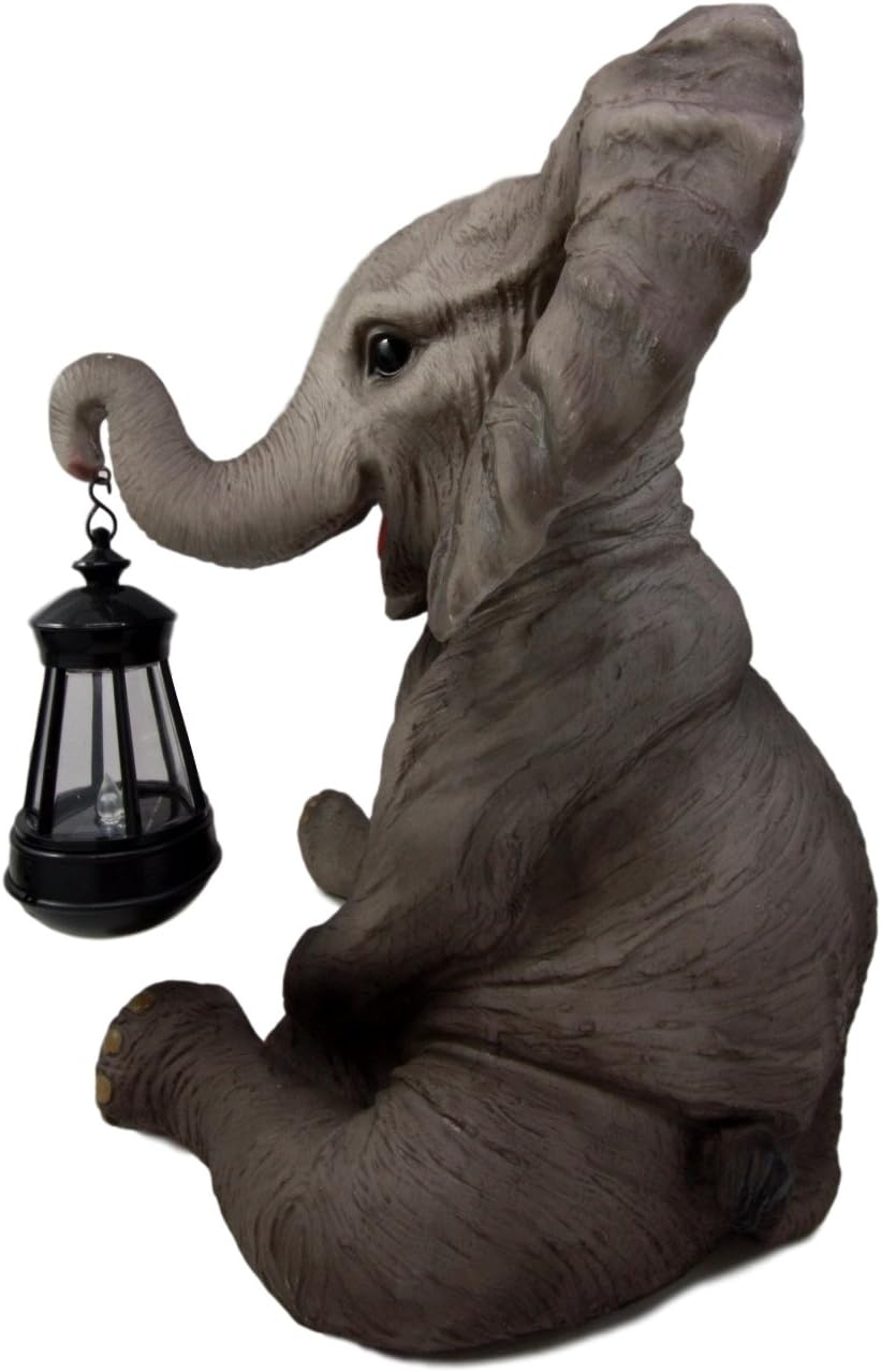 Ebros Safari Savanna Wildlife Animal Melee Adorable Pachy Elephant Statue Home Patio Decor Figurine with Solar LED Light Lantern Lamp 13.75" H Guest Greeter Courtesy Light Path Lighter Sculpture