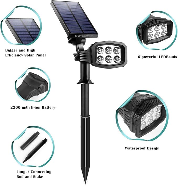 URPOWER Solar Lights Outdoor, Adjustable Solar Spot Lights Outdoor Spotlight 2-in-1 Waterproof Solar Landscape Lights Wall Light, Dusk-to-Dawn Solar Powered Lights for Yard, Garden (Warm White 2 Pack)