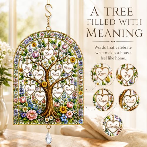 tree of life stained glass window hanging,colorful sun showing dimensions