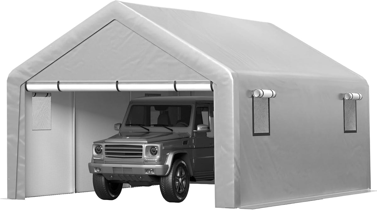 jocoevol carport 13x21 ft enclosed carport with roll-up shown in use