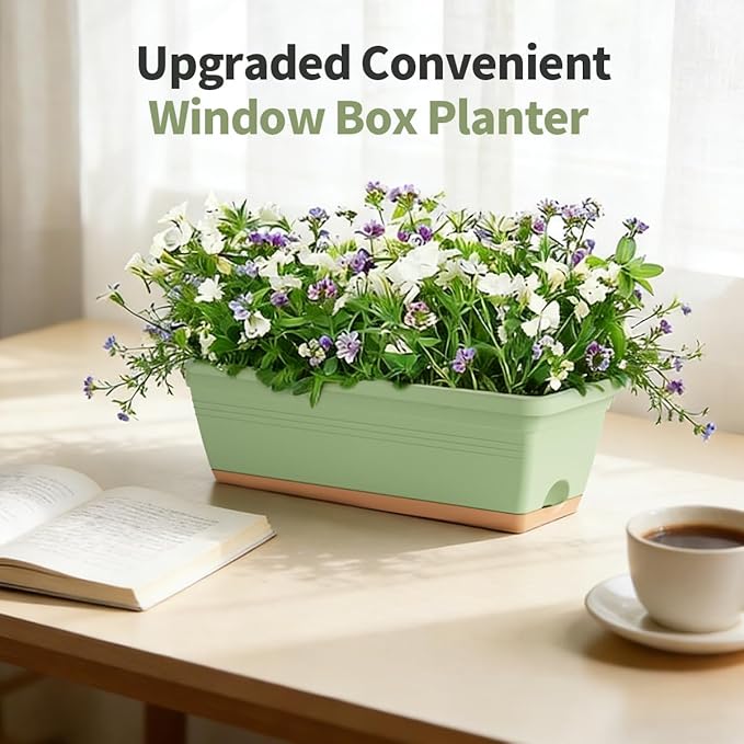Window Box Planter, 6 Pack Plastic Vegetable Flower Window Planters Boxes 16 Inches Rectangular Flower Pots with Drainage Holes and Saucers (Green)