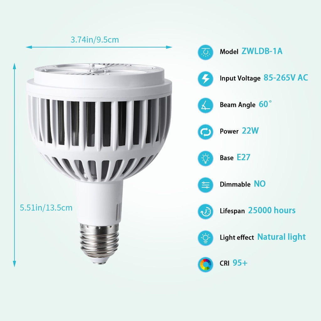 Hywyimlait Grow Lights for Indoor Plants, Full Spectrum 4000K, 22W Plant Light Bulb with High PPFD, E27 Base, LED Energy Saving Grow Light Bulb for Seeding and Growing, 1 Pack