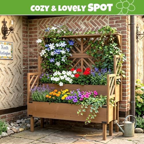 raised garden bed with trellis & 2 planter showing dimensions