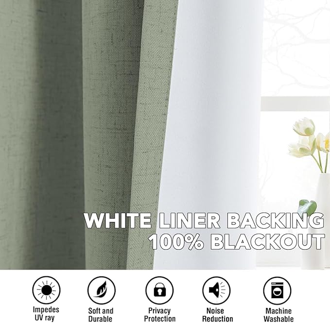 H.VERSAILTEX Linen Curtains 100% Blackout Curtains for Bedroom 45 inch Long Full Light Blocking Nature Linen Blended Window Curtains for Living Room Nickel Grommet (2 Panels, Heathered Dried Sage)