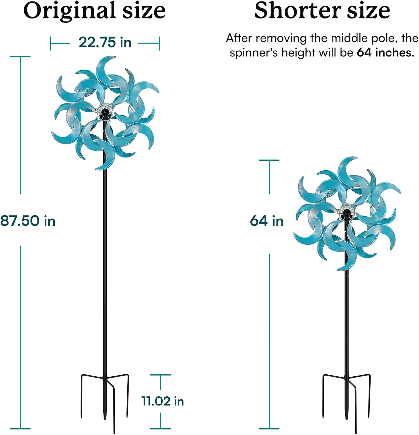 87" Wind Spinner Outdoor with Solar Light, Large Metal Wind Sculptures Spinners, Windmill for Garden Yard Patio Lawn Decor - Azure Moon (23" W x 87" H)