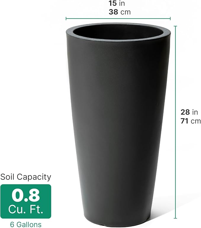 Step2 Tremont Tall Round Tapered Planter, 28" Tall, Indoor/Outdoor Plants, Efficient Drainage, Durable Resin, Onyx Black