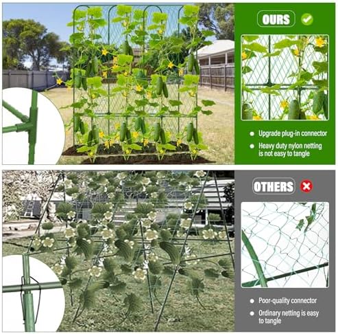cucumber trellis for raised bed, tall metal garden shown in use