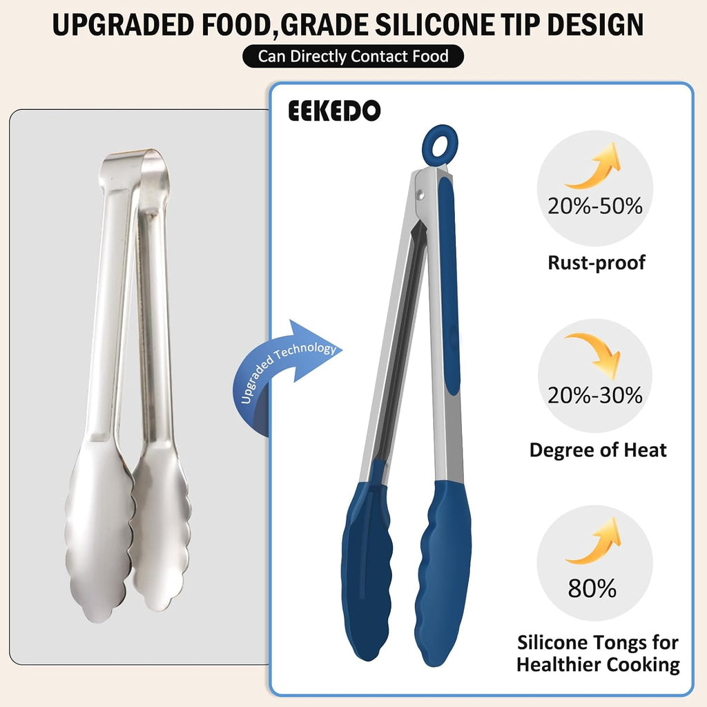 Tongs for Cooking, Stainless Steel Kitchen Tongs with Silicone Tips | 600ºF High Heat-Resistant, Non Scratch, Locking Tong for BBQ Grilling Air Fryer Food Salads, Set of 2 (9" and 12") Navy Blue