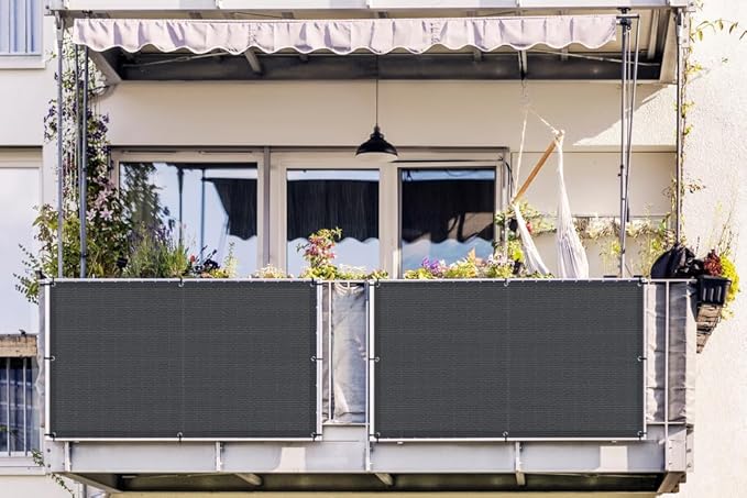 LOVE STORY 3'x12' Dark Grey Balcony Screen Privacy Fence Cover UV Protection (HDPE) Weather-Resistant 3 FT Height Shield for Deck, Patio, Backyard, Outdoor Pool, Porch, Railing