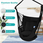 Outerman Hammock Chair, Hanging Chair with 3 Cushions and Foot Rest Support, Sturdy Metal Spreader Bar Max 500Lbs, Swing Chair for Bedroom, Indoor & Outdoor, Patio, Porch or Tree（Black）…