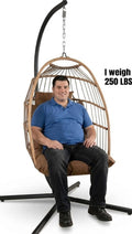 SereneLife Hanging Egg Chair w/Stand - Wicker Rattan Swing, Padded Cushion | Foldable Design, Weather-Resistant Cushion & Padded Headrest Included, 350 lb Capacity, Great for Patio, Backyard & Bedroom.