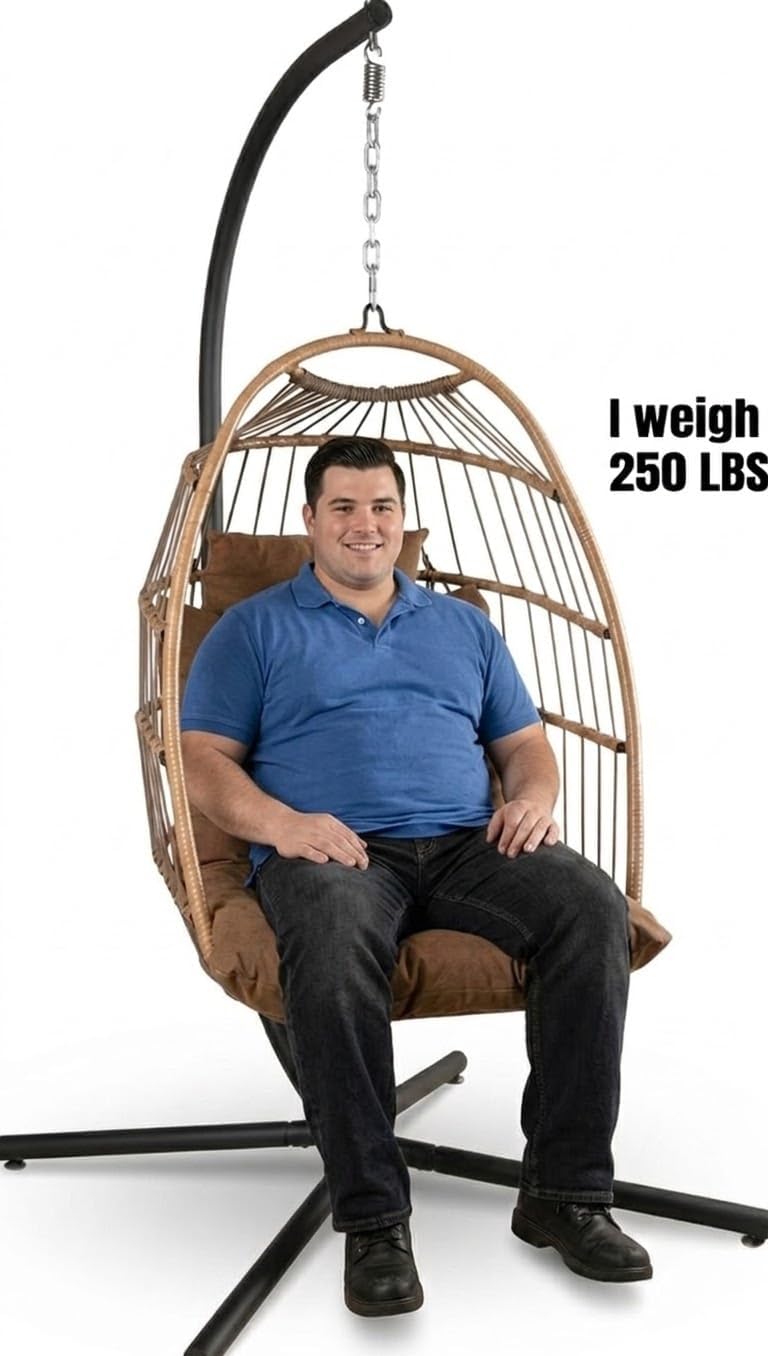 SereneLife Hanging Egg Chair w/Stand - Wicker Rattan Swing, Padded Cushion | Foldable Design, Weather-Resistant Cushion & Padded Headrest Included, 350 lb Capacity, Great for Patio, Backyard & Bedroom.