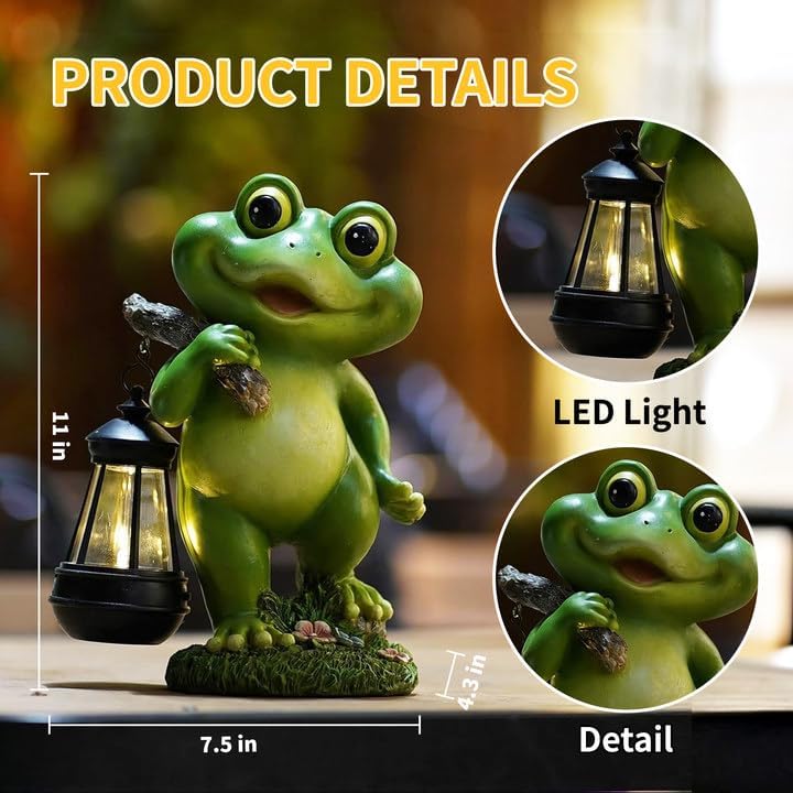 Outdoor Frog Garden Decor: 11'' Yard Decoration with Solar Lantern Funny Frog Statue Gifts for Women Mother's Day Housewarming Gift