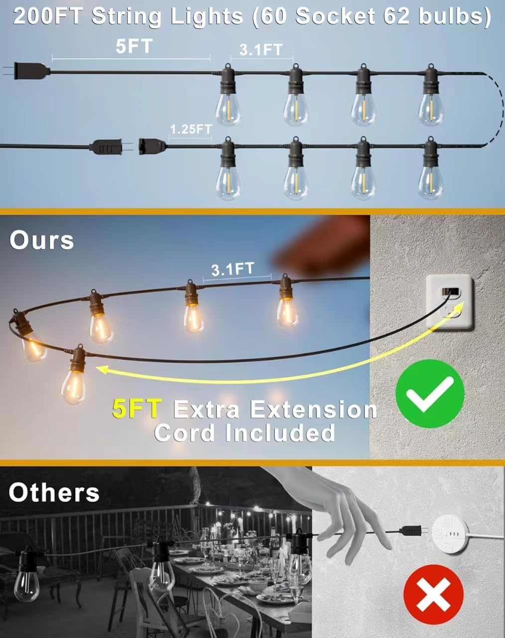 200FT LED Outdoor String Lights with 60 Edison Shatterproof IP65 Waterproof Bulbs, 2700K Dimmable Commercial Grade Patio Lights, Heavy Duty Outside Hanging Light for Garden Decor